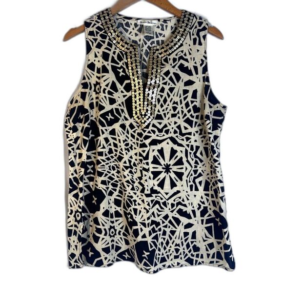 Susan Bristol Bold Black Tan Abstract Geo Print Linen Blend Tank Blouse Size LRG - Picture 1 of 6